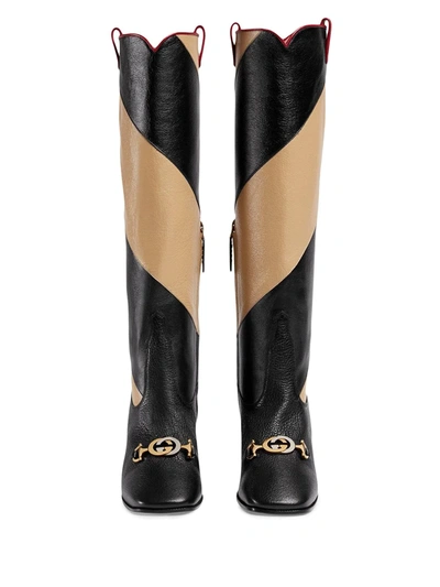 Shop Gucci Zummi Gg Horsebit Striped Knee-high Boots In Black