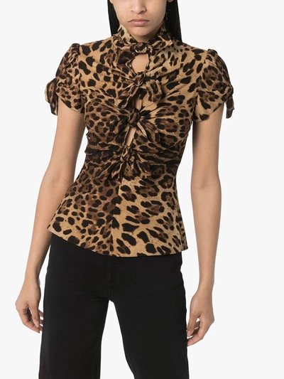 Dolce & Gabbana Knotted Cutout Leopard-print Stretch-silk Crepe De Chine Blouse In Black