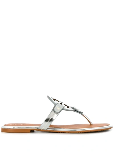 Shop Tory Burch Logo Flip Flops In Silver