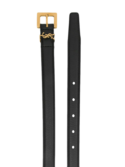 Saint Laurent Golden Ysl Monogram Croc-embossed Leather Belt In Black