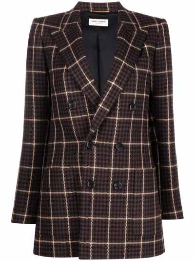 Shop Saint Laurent Checked Double-breasted Blazer In Brown