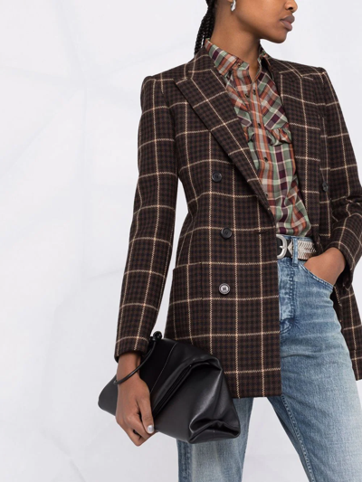 Shop Saint Laurent Checked Double-breasted Blazer In Brown