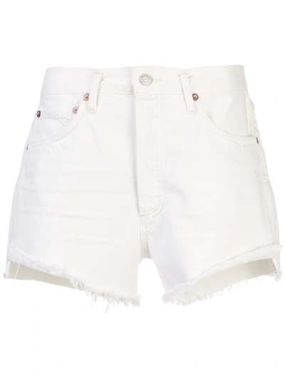 Shop Agolde Frayed Hems Denim Shorts In White