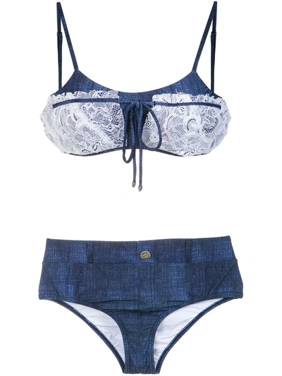 Shop Amir Slama Lace Applique Denim Bikini Set In Blue