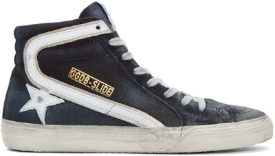 Golden Goose Navy Denim Distressed High-top Slide Trainers In White