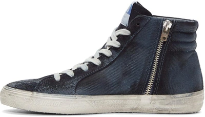 Shop Golden Goose Navy Denim Distressed High-top Slide Sneakers
