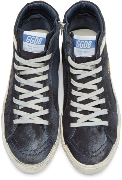 Shop Golden Goose Navy Denim Distressed High-top Slide Sneakers