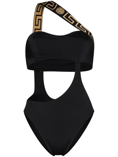 Shop Versace Cut-out Grecca Detail Swimsuit In Black