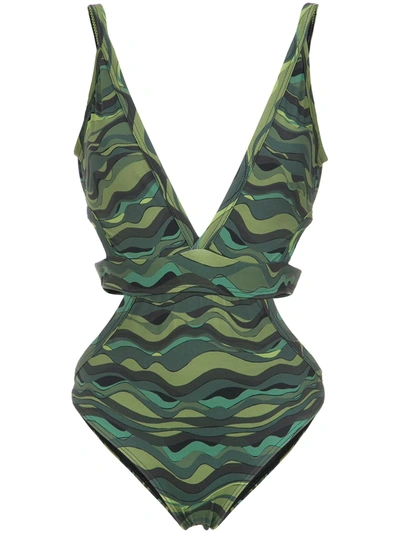 Shop Amir Slama Wave Print Swimsuit In Green