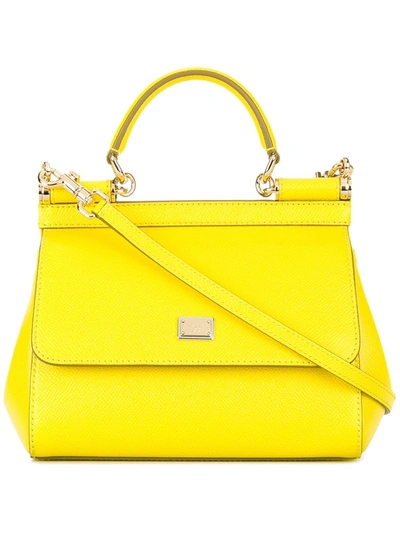Shop Dolce & Gabbana Small Sicily Leather Top-handle Bag In Yellow