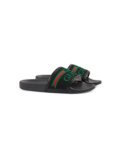 Shop Gucci Embroidered Logo Slides In Black