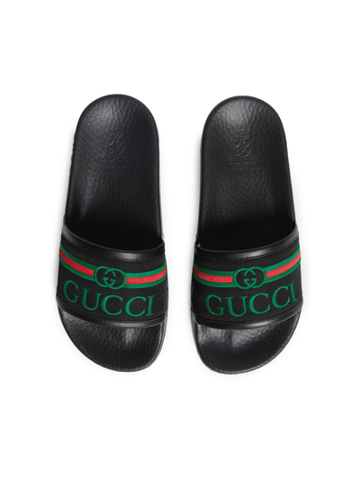 Shop Gucci Embroidered Logo Slides In Black