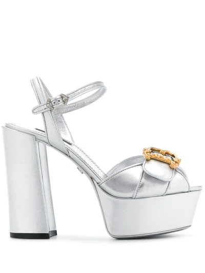Shop Dolce & Gabbana 80mm Keira Baroque Logo Wedge Sandals In Silver