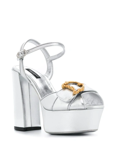 Shop Dolce & Gabbana 80mm Keira Baroque Logo Wedge Sandals In Silver