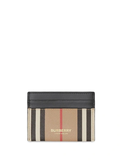 New Burberry Icon Stripe E-canvas and Leather Card Holder in Archive Beige