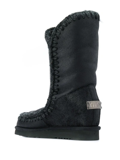 Shop Mou Crochet Stitch-trim Wedge Boots In Black