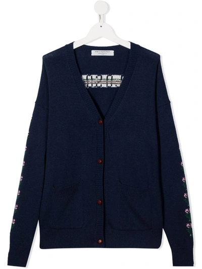 Shop Philosophy Di Lorenzo Serafini Teen Logo Rib-trimmed Cardigan In Blue