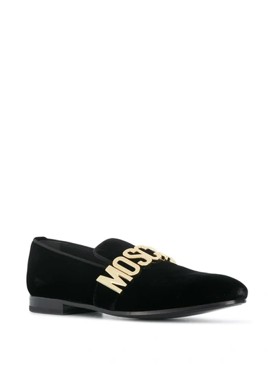 Shop Moschino Lettering Logo Velvet Loafers In Black