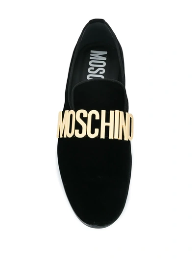 Shop Moschino Lettering Logo Velvet Loafers In Black