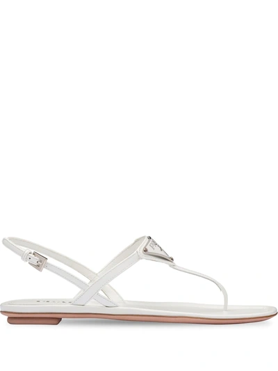 Prada Logo Metallic Leather Ankle strap Thong Sandals In White