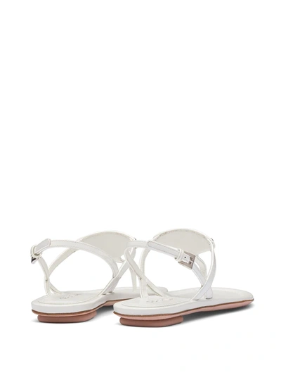Prada Logo Metallic Leather Ankle-strap Thong Sandals In White