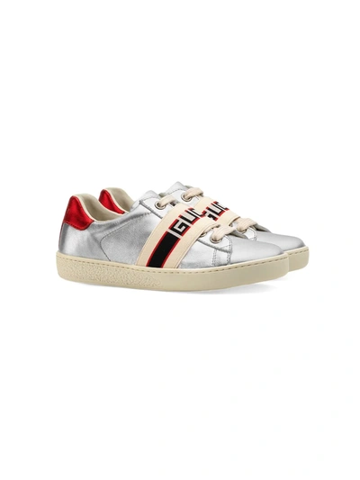 Shop Gucci Toddler Ace Sneaker With  Stripe In Silver
