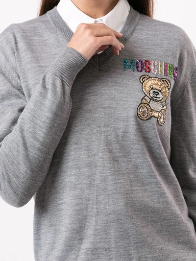 Shop Moschino Embroidered Teddy Bear V-neck Jumper In Grey