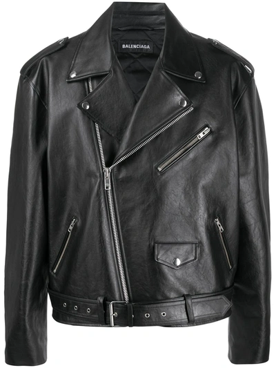 Men's Painted Leather Biker Jacket In Black