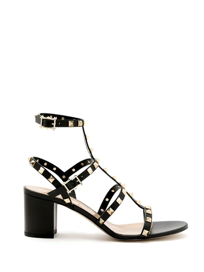 Valentino Leather Rockstud Block Heel Sandals In Black