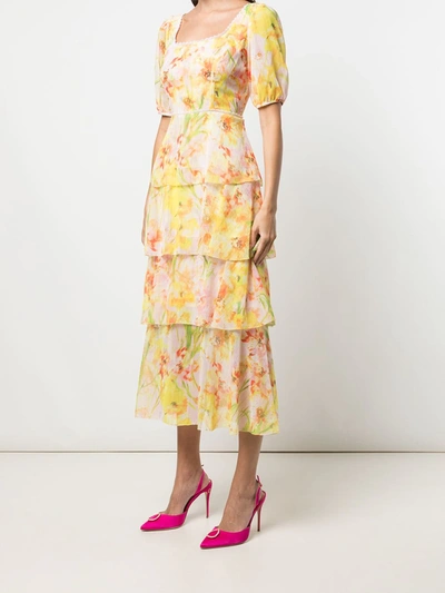 Shop Marchesa Notte Daffodil-print Tiered Dress In Multicolour
