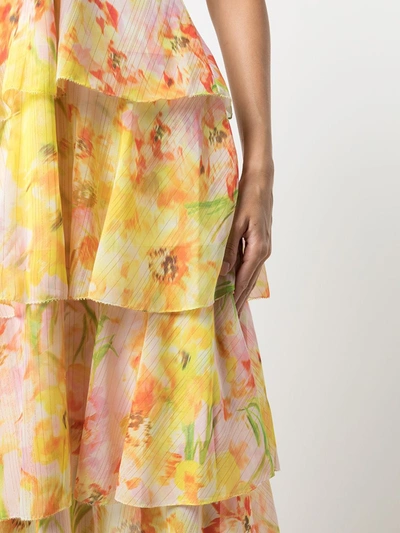 Shop Marchesa Notte Daffodil-print Tiered Dress In Multicolour