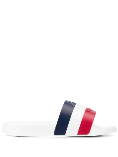 Shop Moncler Striped Sliders In White