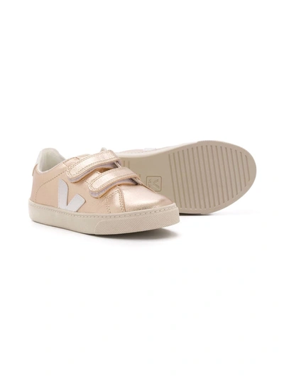 Shop Veja Laminated Touch Strap Sneakers In Gold
