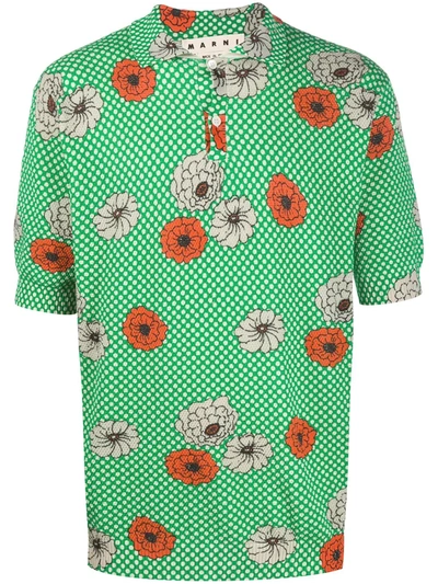 Shop Marni Floral Print Polo Shirt In Green
