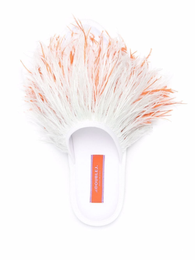 La Doublej Feather Embellished Slippers In White