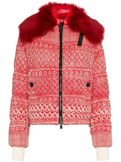 Shop Moncler Siusi Printed Fur Trimmed Feather Down Jacket In Red