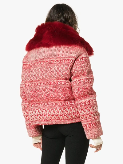 Shop Moncler Siusi Printed Fur Trimmed Feather Down Jacket In Red