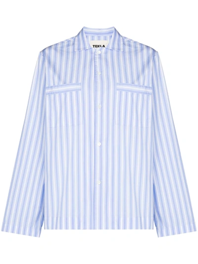 Shop Tekla Striped Organic Cotton Pajama Shirt In Blue