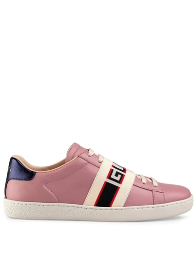 GUCCI ACE LOGO环带真皮板鞋 - 粉色