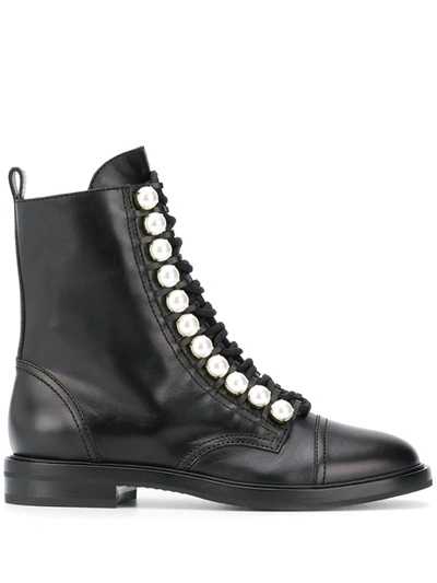Shop Casadei Biker Faux Pearl-embellished Boots In Black