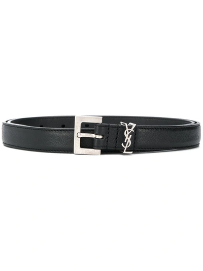 Saint Laurent Logo Plaque Croc-embossed Leather Belt In Black