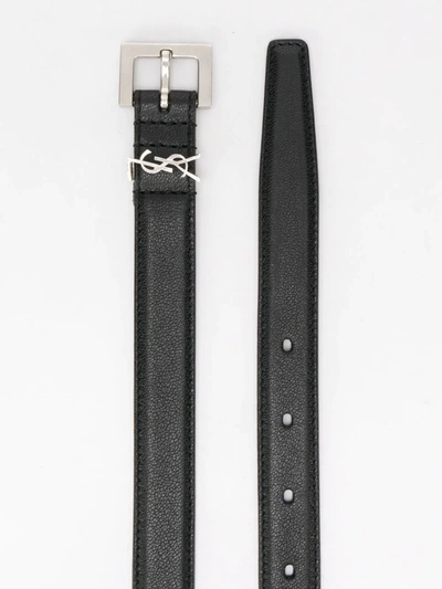 Saint Laurent Logo Plaque Croc-embossed Leather Belt In Black