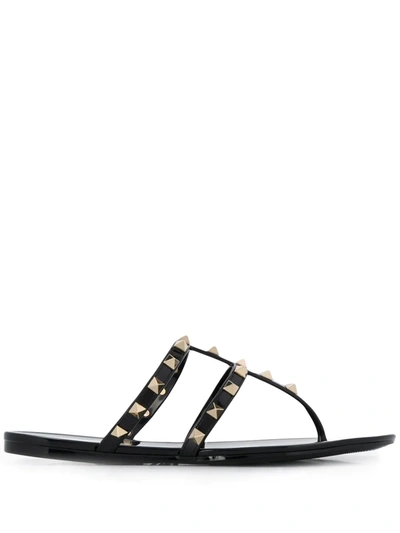 Valentino Rockstud T-strap Flat Slide Sandals In Black