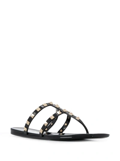 Valentino Rockstud T-strap Flat Slide Sandals In Black