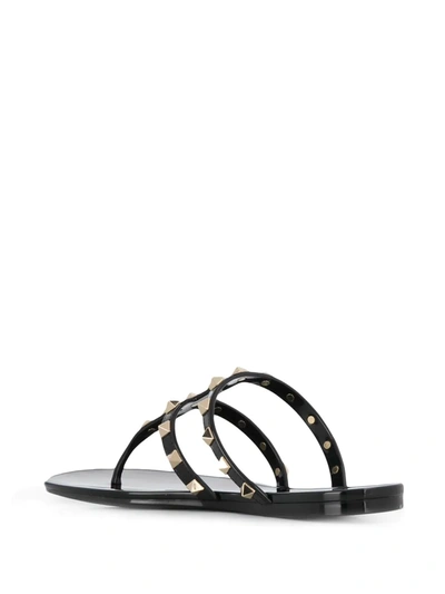 Valentino Rockstud T-strap Flat Slide Sandals In Black