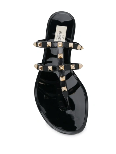 Valentino Rockstud T-strap Flat Slide Sandals In Black