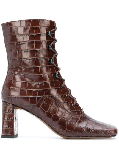 Shop By Far Square-toe Crocodile Ankle Boots In Brown