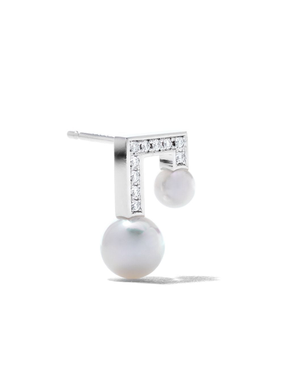 Shop Tasaki 18kt White Gold Balance Note Pavé Diamond And Akoya Pearl Stud Earrings In Silver