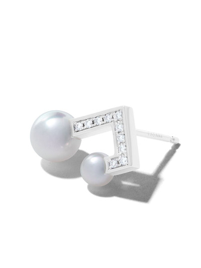 Tasaki 18kt White Gold Balance Note Pavé Diamond And Akoya Pearl Stud Earrings In Silver