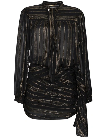 Shop Saint Laurent Bow Detail Metallic Wrap Silk Mini Dress In Black